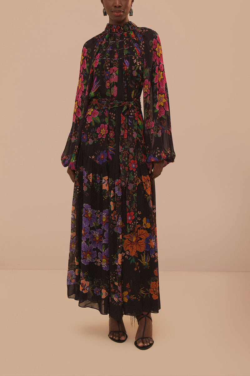 Floral Scarves High Neck Dress - Black