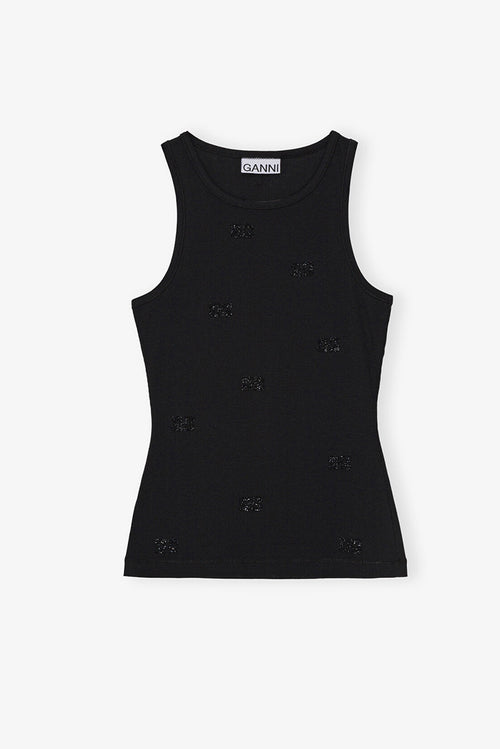 Soft Cotton Rib Rhinestone Butterfly Tank Top - Black