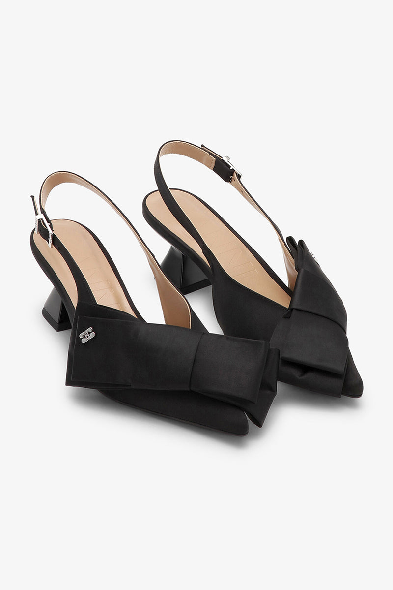 Big Bow Kitten Heel Pump Satin - Black