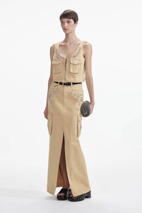 Embellished Denim Cargo Maxi Skirt - Beige