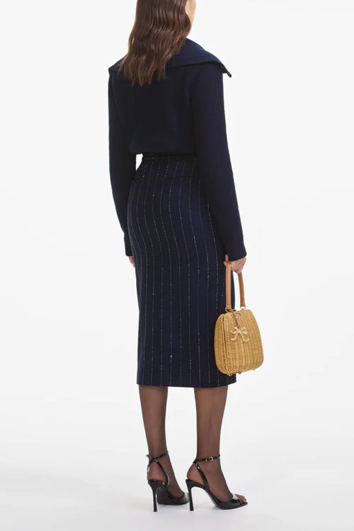 Rhinestone Pinstripe Midi Skirt - Navy