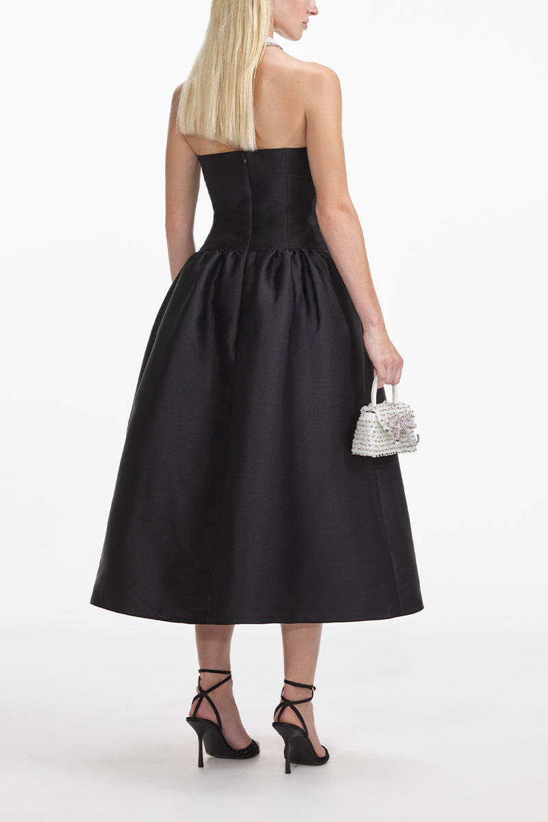 Taffeta Contrast Bow Midi Dress - Black