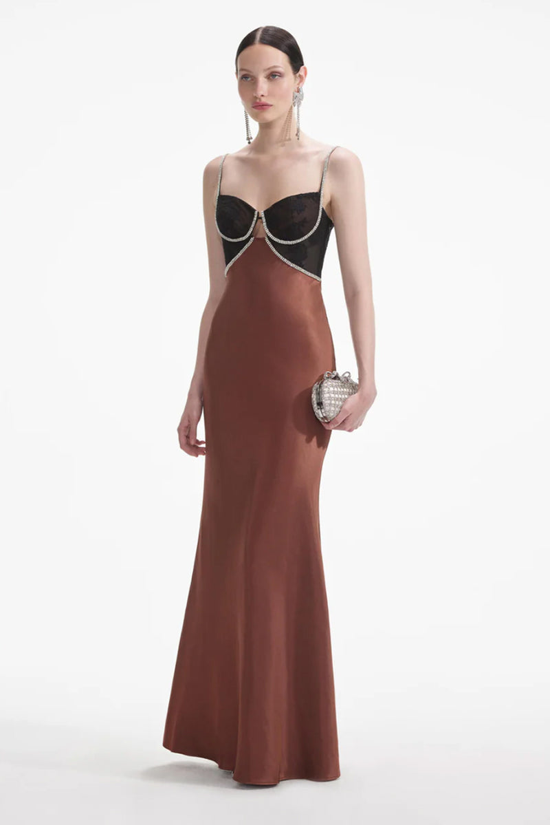 Satin Diamante Maxi Dress - Brown